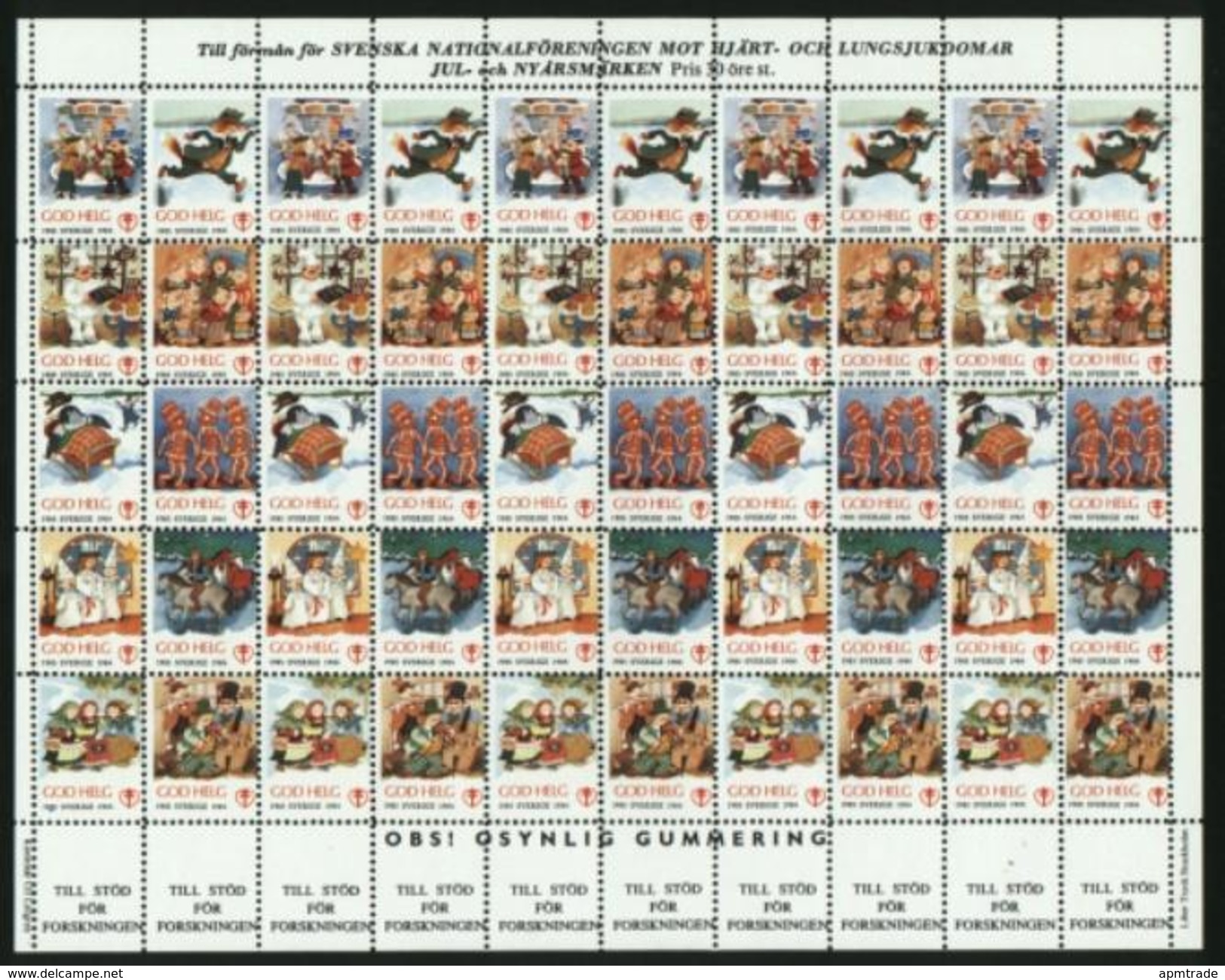 Sweden Christmas Seal 1985/86 Mnh Full Sheet Unfolded.  Christmas Songs - Fogli Completi