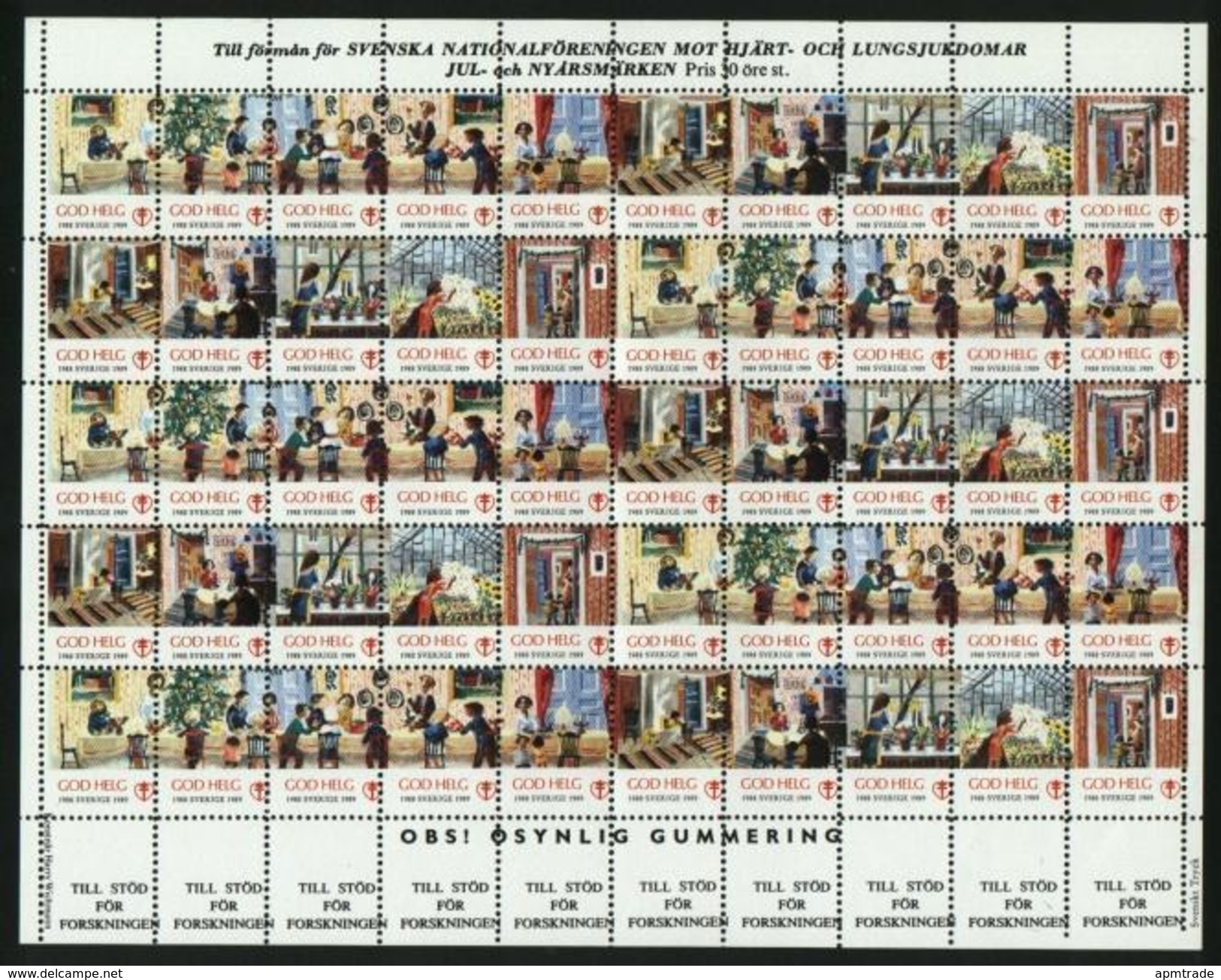 Sweden. Christmas Seal 1988/89 Mnh. Full Sheet Unfolded. Christmas Time - Feuilles Complètes Et Multiples