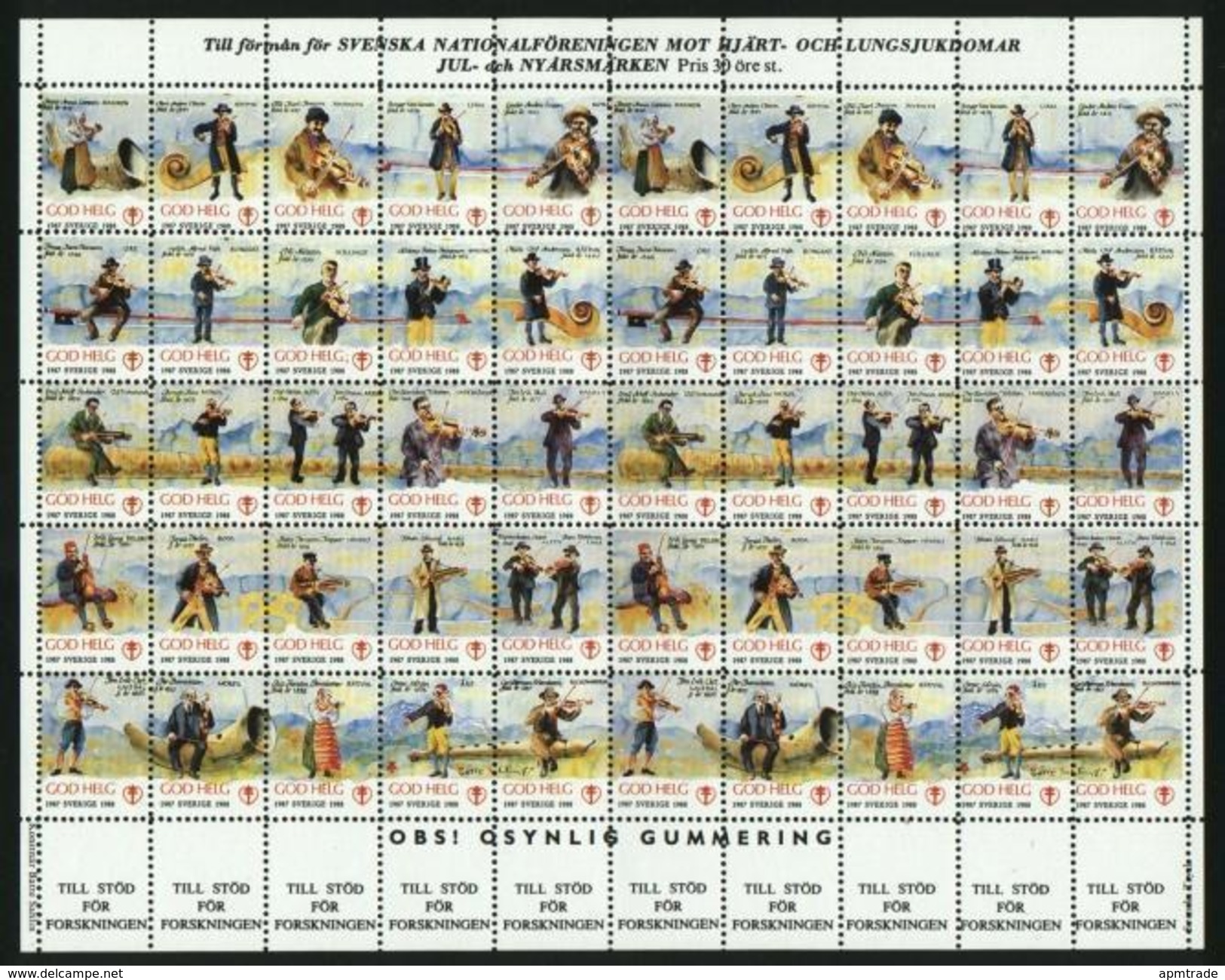 Sweden. Christmas Seal 1987/88 Mnh Full Sheet Unfolded. Musicians. - Ganze Bögen