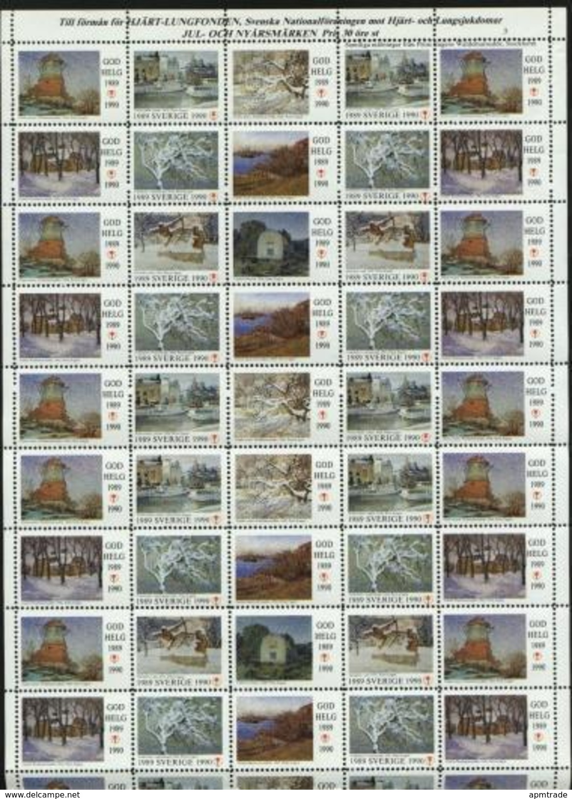 Sweden Christmas Seal 1989/90 MNH Full Sheet Folded. Paintings - Fogli Completi