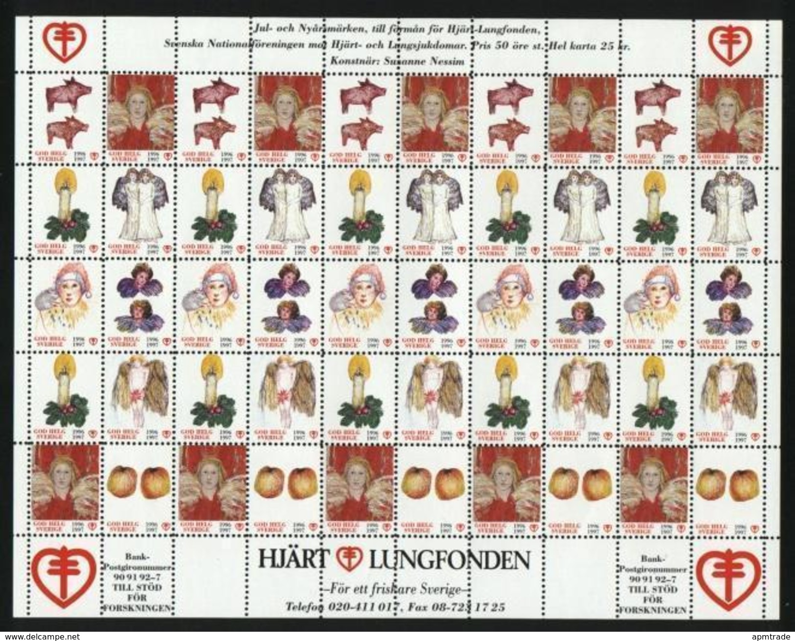 Sweden Christmas Seal 1996/97 MNH Full Sheet Unfolded. Angels Candle - Full Sheets & Multiples