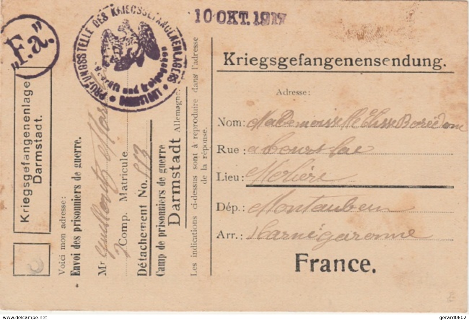 WW1 - Carte  Postale D Un Prisonnier De Guerre Du Camp De DARMSTADT -  L  2130 - Guerra De 1914-18