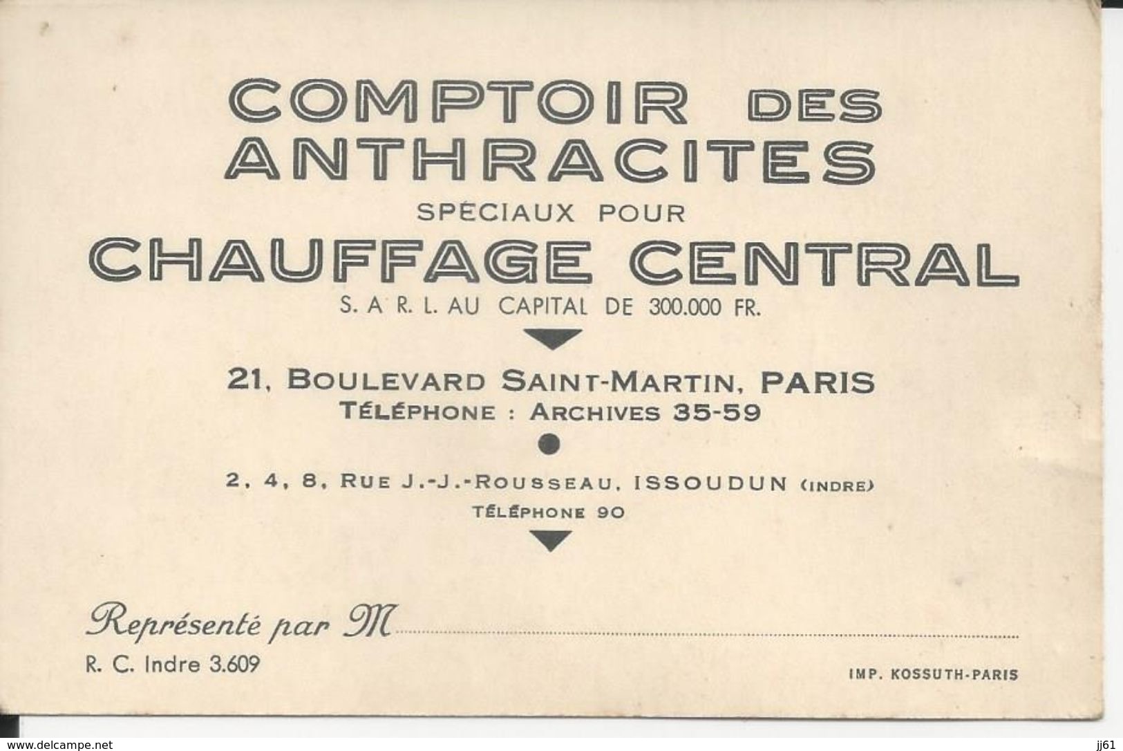 PARIS CARTE DE VISITE COMPTOIR DES ANTHRACITES SPECIAUX POUR CHAUFFAGA CENTRAL ANNEE 1930 - Tarjetas De Visita