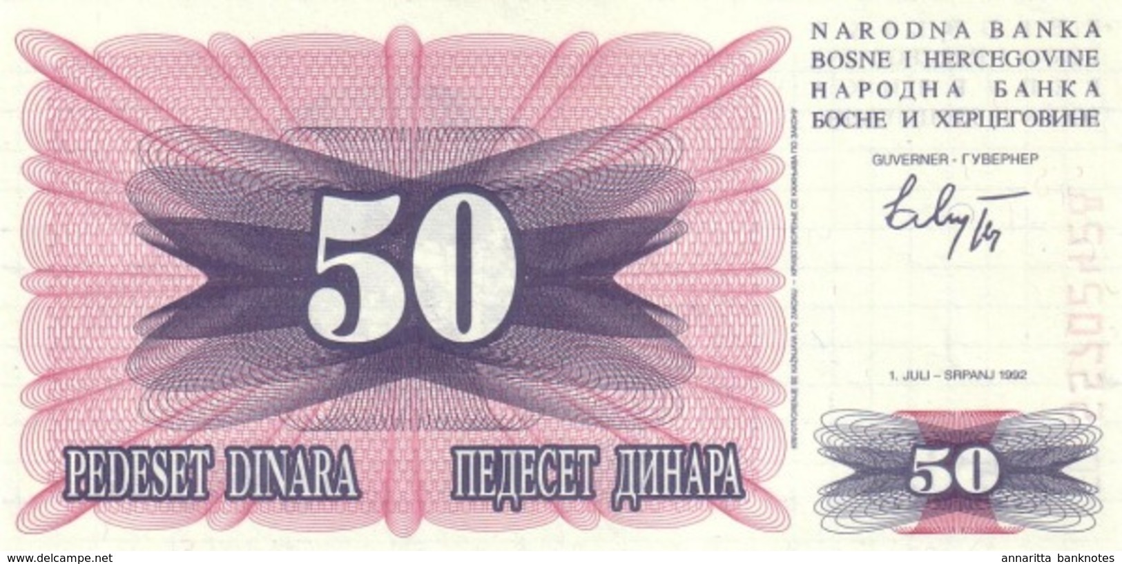 BOSNIA & HERZEGOVINA 50 DINARA 1992 P-12 UNC  [BA012] - Bosnië En Herzegovina