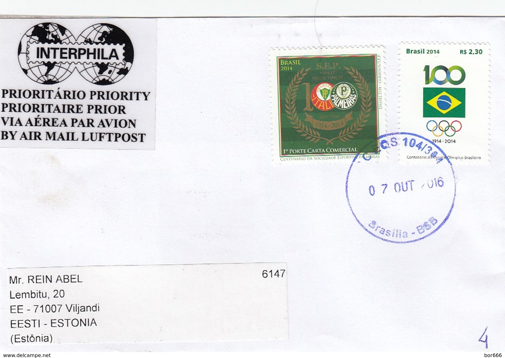 GOOD BRAZIL Postal Cover To ESTONIA 2016 - Good Stamped: Palmeiras ; Olympic - Covers & Documents