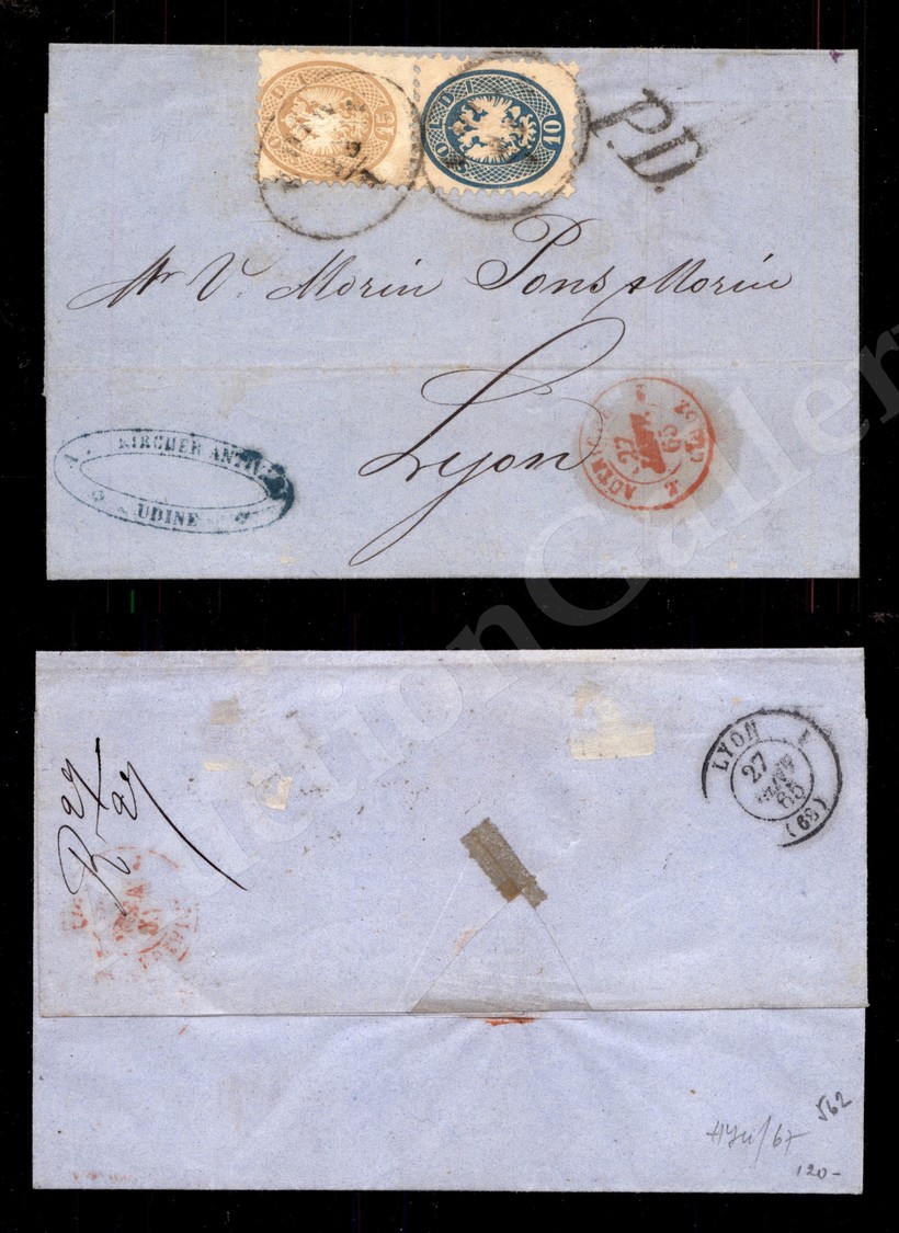 0013 10 Soldi + 15 Soldi (44+45) - Lettera Da Udine A Lione Del 23.1.65 (1.120) - Other & Unclassified