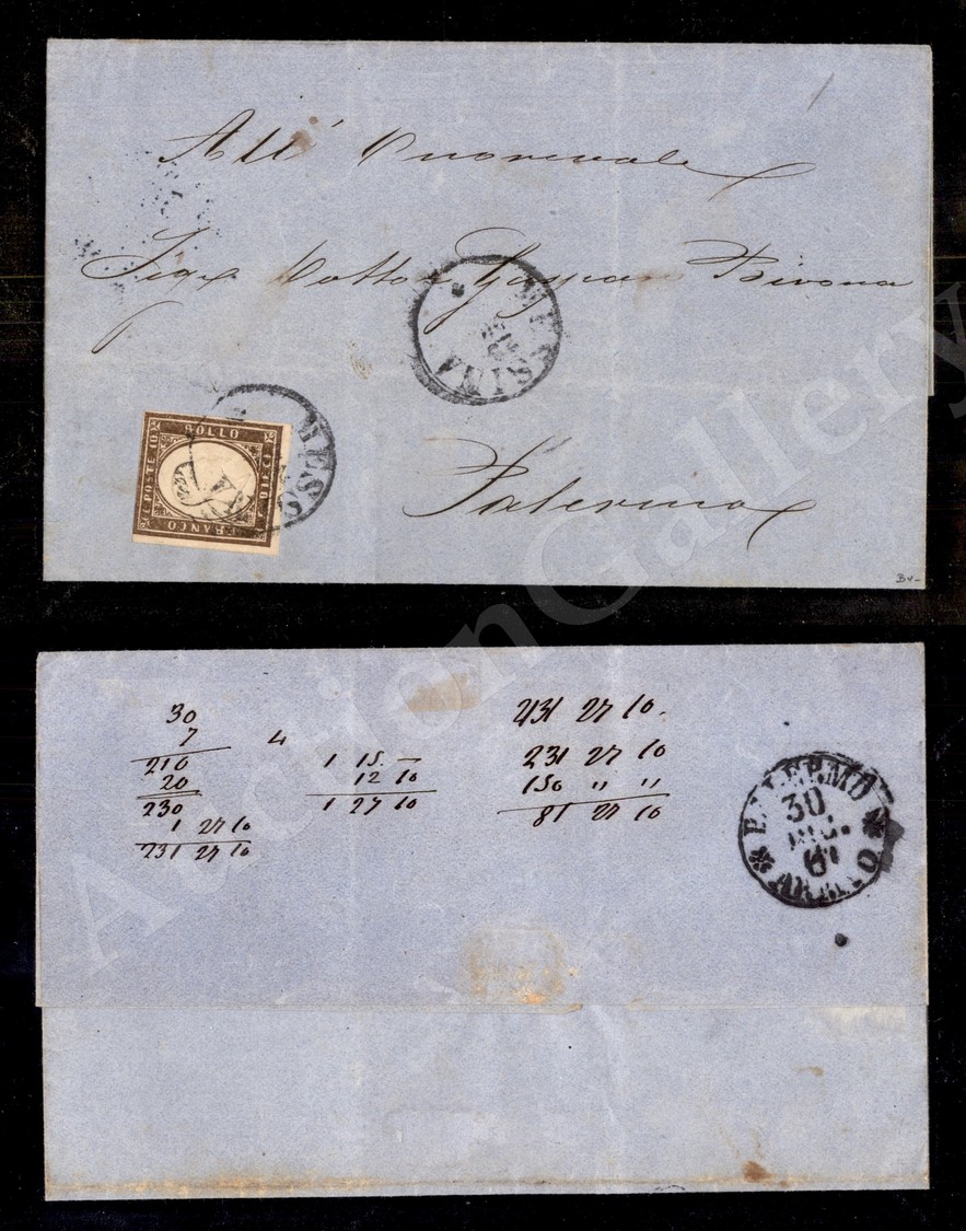 0097 10 Cent Bruno Cioccolato Chiaro (14Ck) Lettera Da Messina A Palermo Del 28.12.1861 - Preciso In Alto (1.500) - Autres & Non Classés