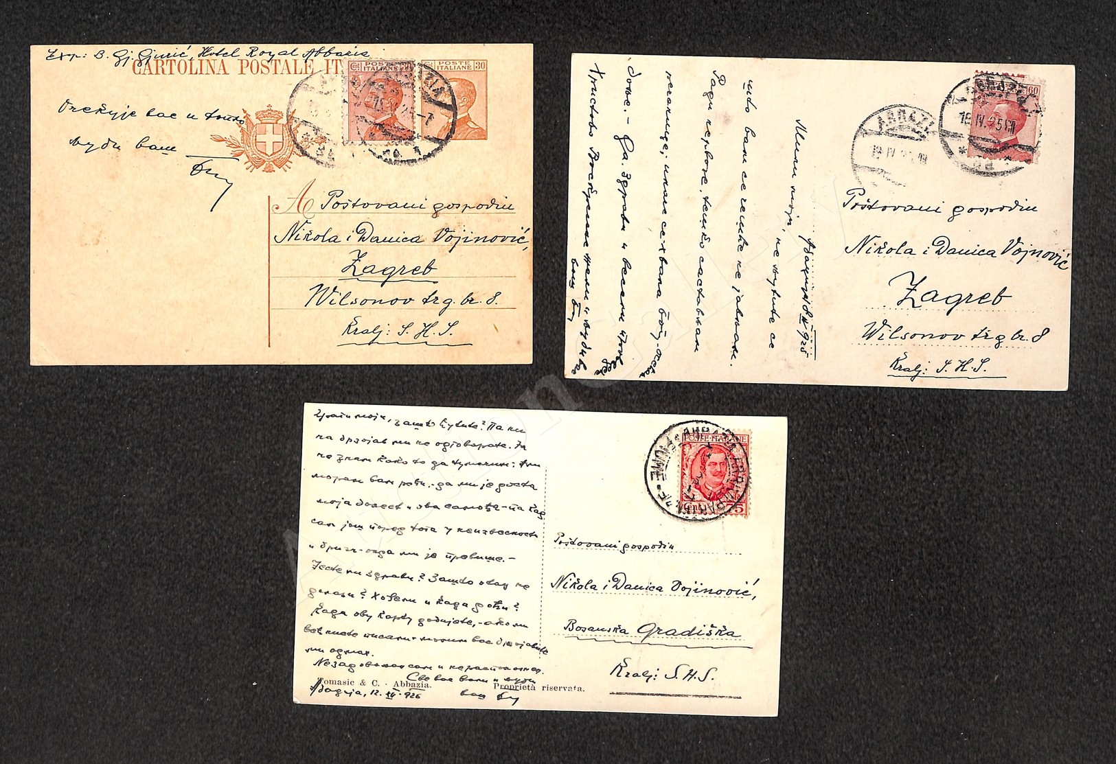 0176 1924/1925 - Due Cartoline E Un Intero Postale Da Abbazia Per L’estero Con Diverse Affrancature - Autres & Non Classés