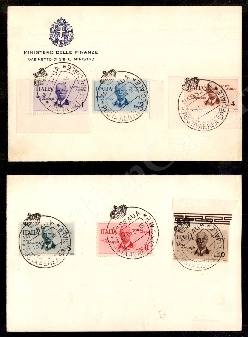 0210 1934 - Volo Roma Mogadiscio (83/88) - Serie Completa Su Foglio “Ministero Delle Finanze” Annullata Con Timbro “Mass - Autres & Non Classés