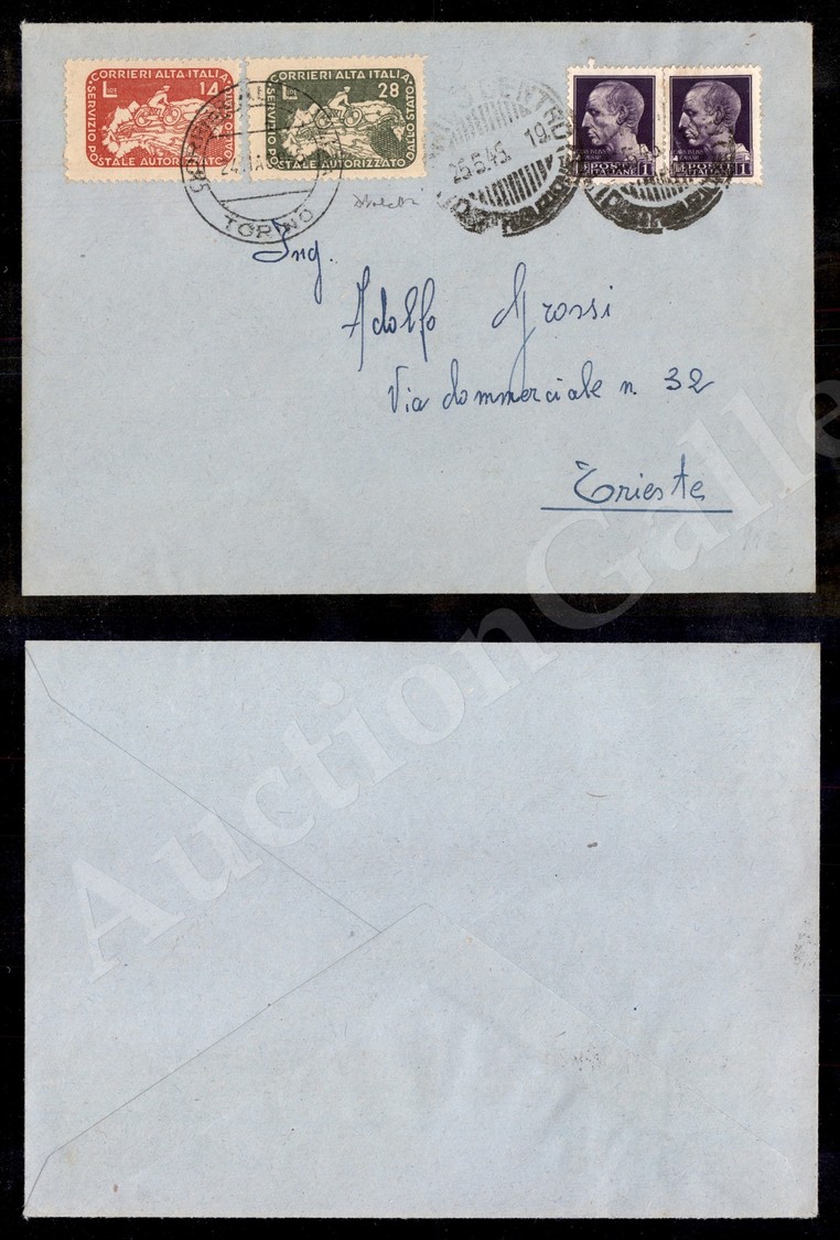 0254 14 Lire + 28 Lire Ciclista (8 + 9) Su Busta Doppio Porto Da Torino A Trieste Del 25.5.45 - Affrancata Con Coppia 1  - Sonstige & Ohne Zuordnung