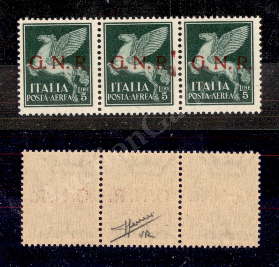 0314 1944 - Striscia Orizzontale Di Tre Del 5 Lire (123 - Aerea) - Pezzo Centrale Con Spazio Tipografico Dopo R (123cd)  - Autres & Non Classés