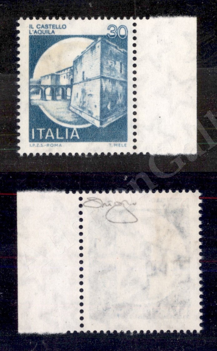 0388 1981 - 30 Lire L’Aquila (1506A) Con Stampa In Turchese - Bordo Foglio - Gomma Integra - Cert. Oro Raybaudi - Autres & Non Classés