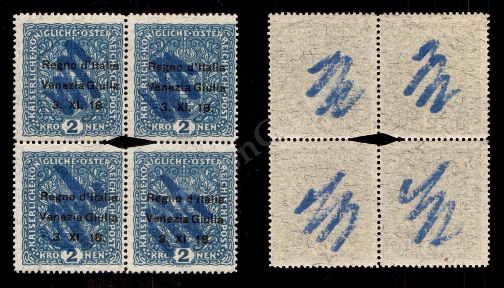0427 Venezia Giulia - 1918 - Quartina Del 2 Corone (15/L - Carta Con Fili Di Seta) Demonetizzata - Errori 15/IK (posizio - Autres & Non Classés