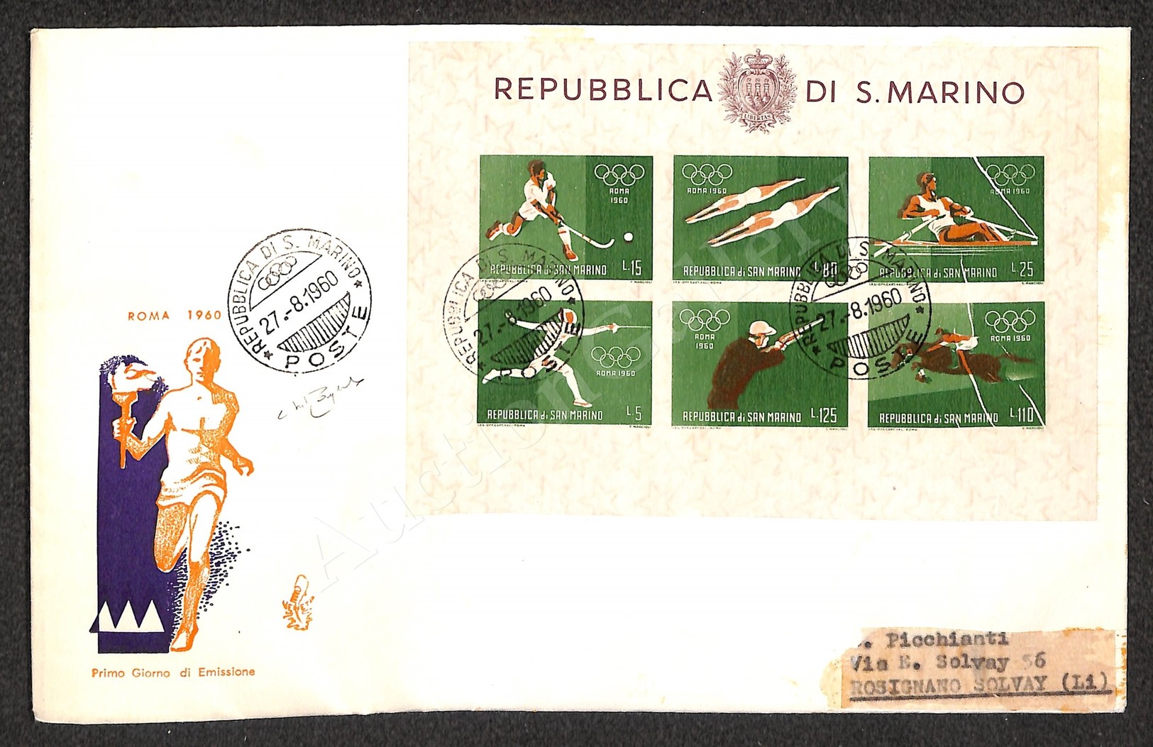 0556 Giochi Olimpici - Foglietto Da 360 Lire (21) Con Stampa Del Bruno Spostato - Busta FDC Venezia 27.8.1960 - Pieghe N - Autres & Non Classés