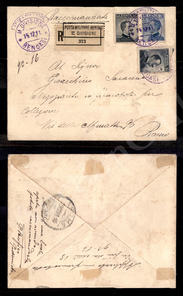 1015 Posta Militare II Divisione Bengasi 15.12.11 (viola - P.ti 13) - Raccomandata Affrancata (83+96+96 - Regno) Per Rom - Autres & Non Classés