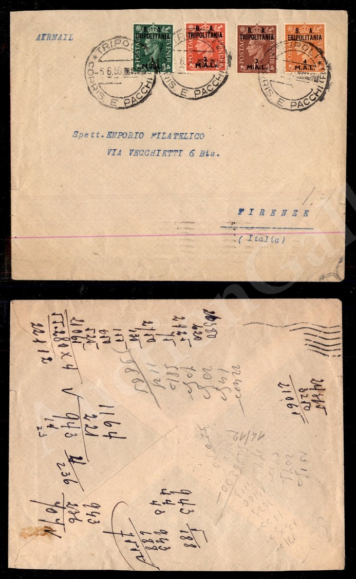 1045 Tripoli Corrispondenze E Pacchi (R) 5.6.50 (54) - Aerogramma Affrancato (BA Tripolitania 14/17) Per Firenze - Autres & Non Classés