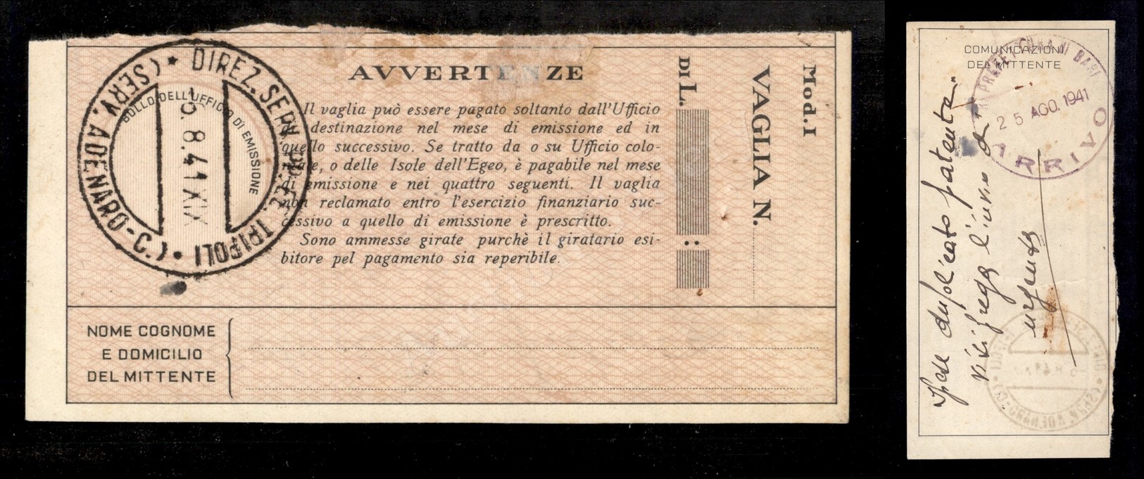 1057 Direz. Serv. PP.EE. Tripoli (Serv. A Denaro - C) 6.8.41 - Ricevuta Vaglia Per Bari - Autres & Non Classés