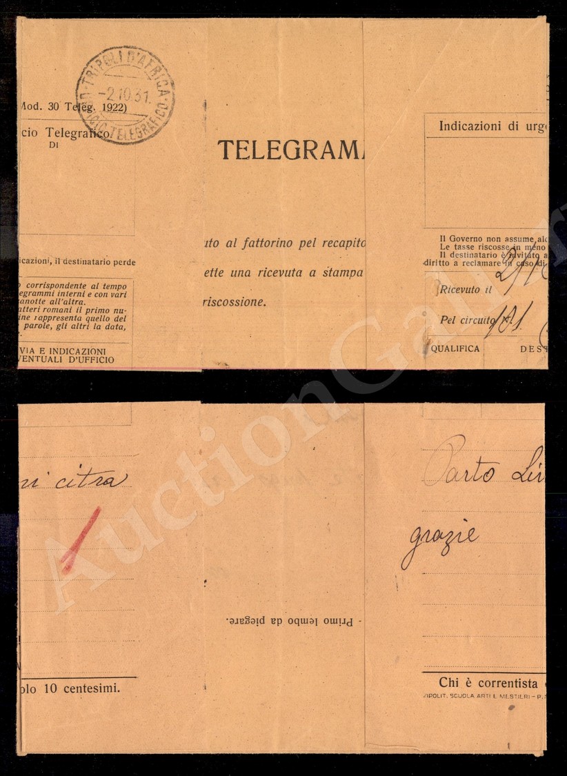 1058 Tripoli D’Africa Ufficio Telegrafico 2.10.31 (p.ti 11) - Telegramma Da Terrarossa Livorno Per La Direzione Poste Tr - Autres & Non Classés