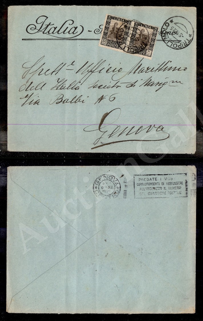 1091 Tripoli Molo 5.12.25 (p.ti 13) - Busta Affrancata (50 Coppia) Per Genova - Sonstige & Ohne Zuordnung