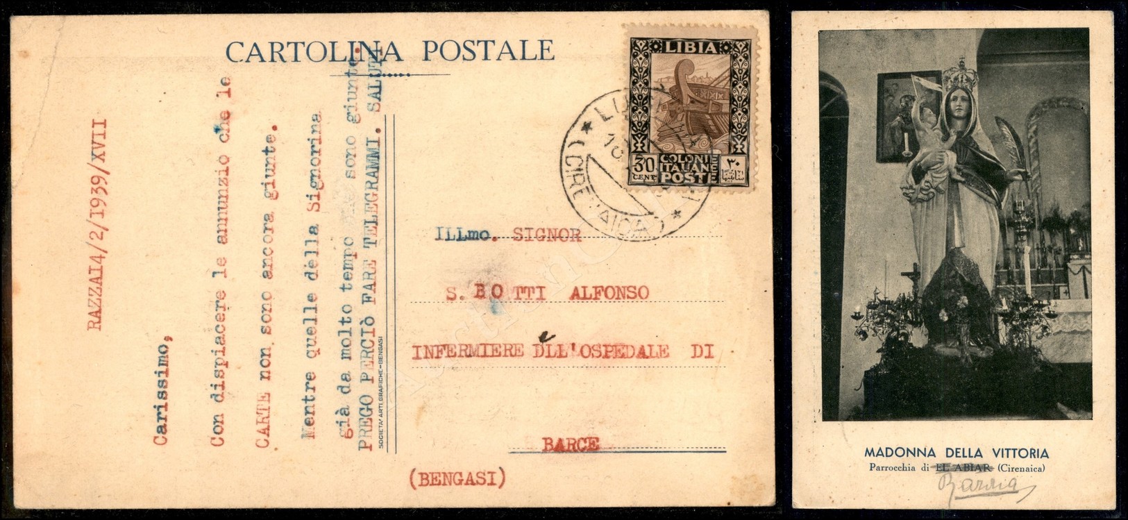 1316 Luigi Razza (Cirenaica) 15.2.39 (p.ti 11) - Cartolina Affrancata (50) Per Barce - Autres & Non Classés