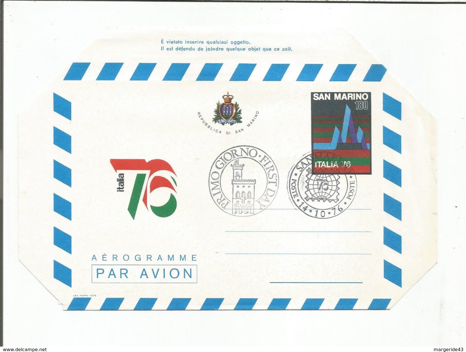 SAINT MARIN AEROGRAMME FDC EXPO ITALIA 76 NEUF - Entiers Postaux