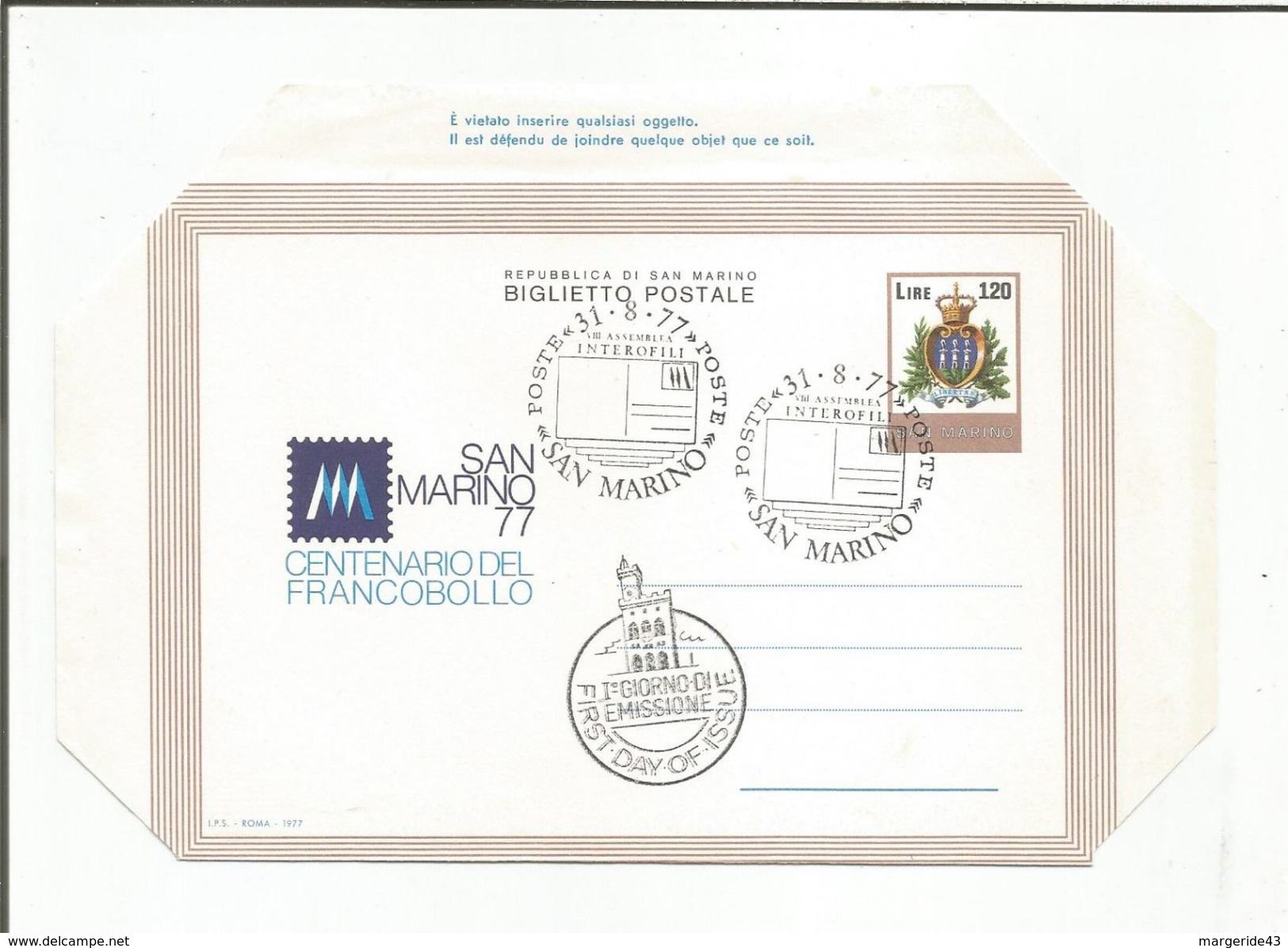 SAINT MARIN AEROGRAMME FDC CENTENAIRE DU TIMBRE 1977 - Entiers Postaux