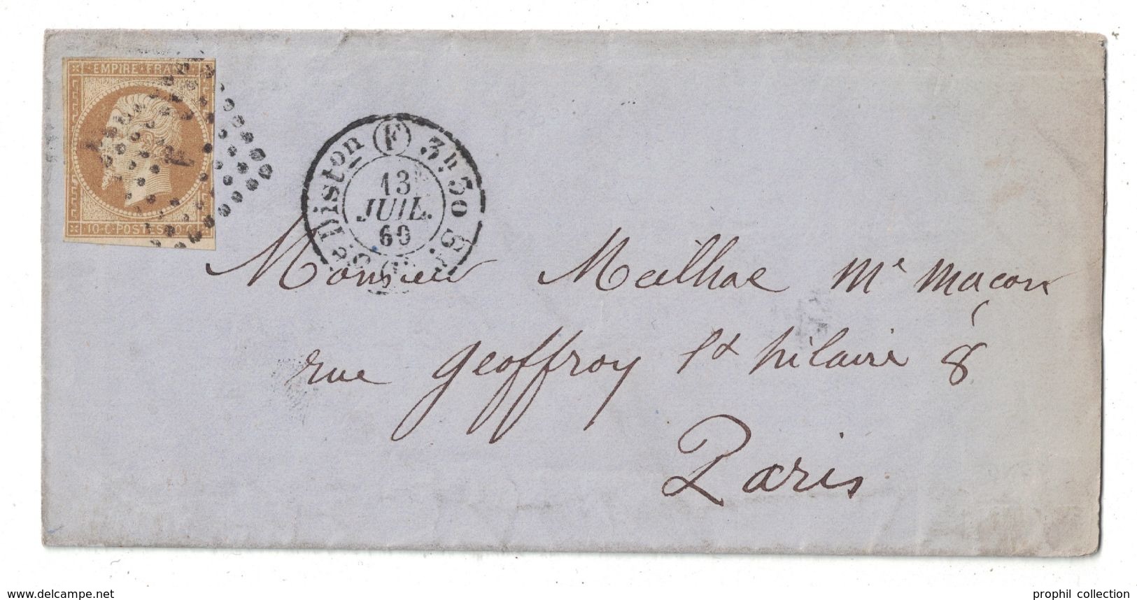 1860 - CACHET De DISTRIBUTION De PARIS (BUREAU F) Sur LETTRE LAC Pour PARIS AFFRANCHIE NAPOLEON N°13 LOSANGE LETTRE F - 1849-1876: Klassieke Periode