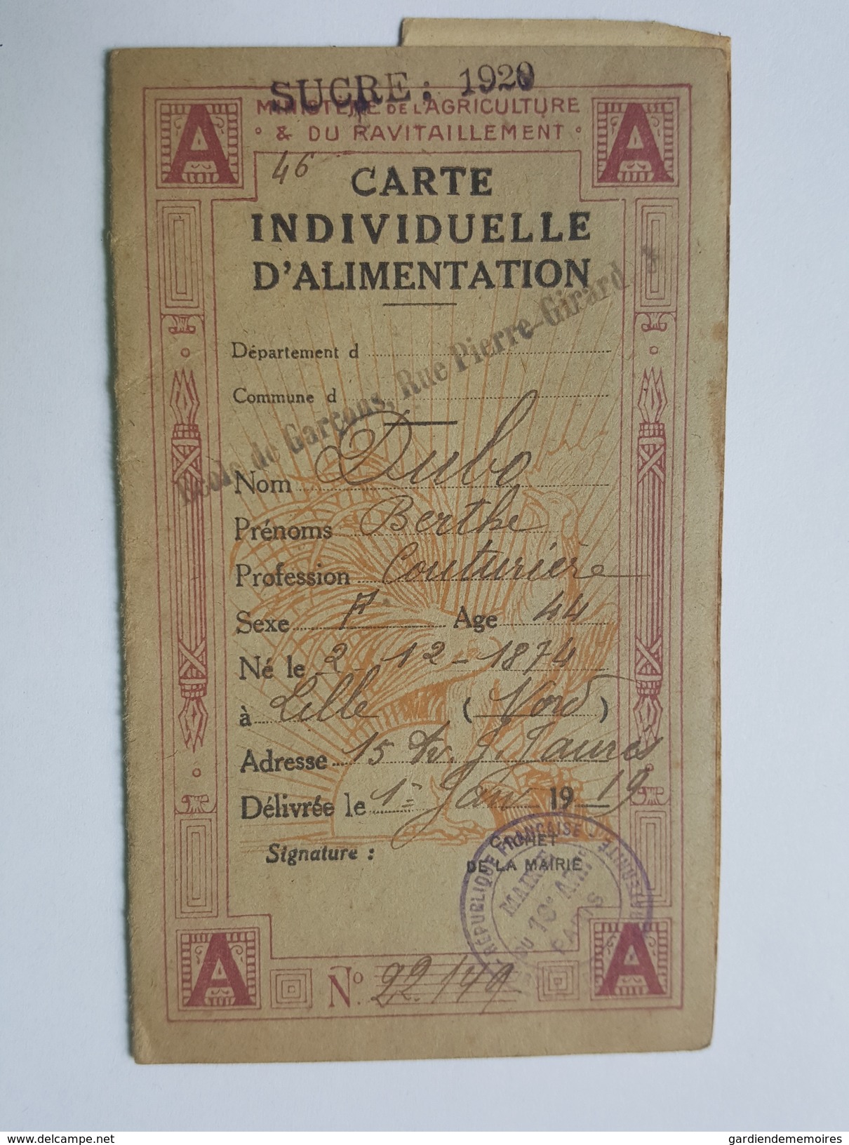 Rationnement - Carte D'Alimentation - Avec Tickets De Sucre - Paris 19 ème - Mme Dubo Berthe - Documents Historiques