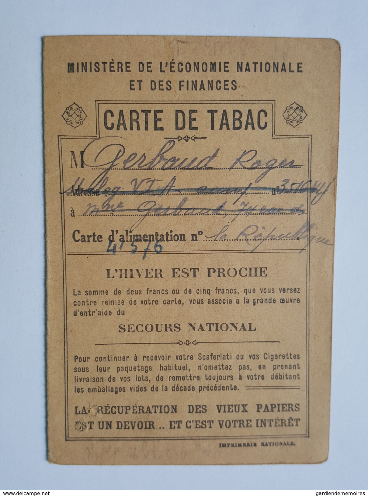 Rationnement - Carte De Tabac - Stalag VIA - Mr Gerbaud Roger - Cachet Débit Tenu Par A. Degueret à Chateauroux - Historische Dokumente