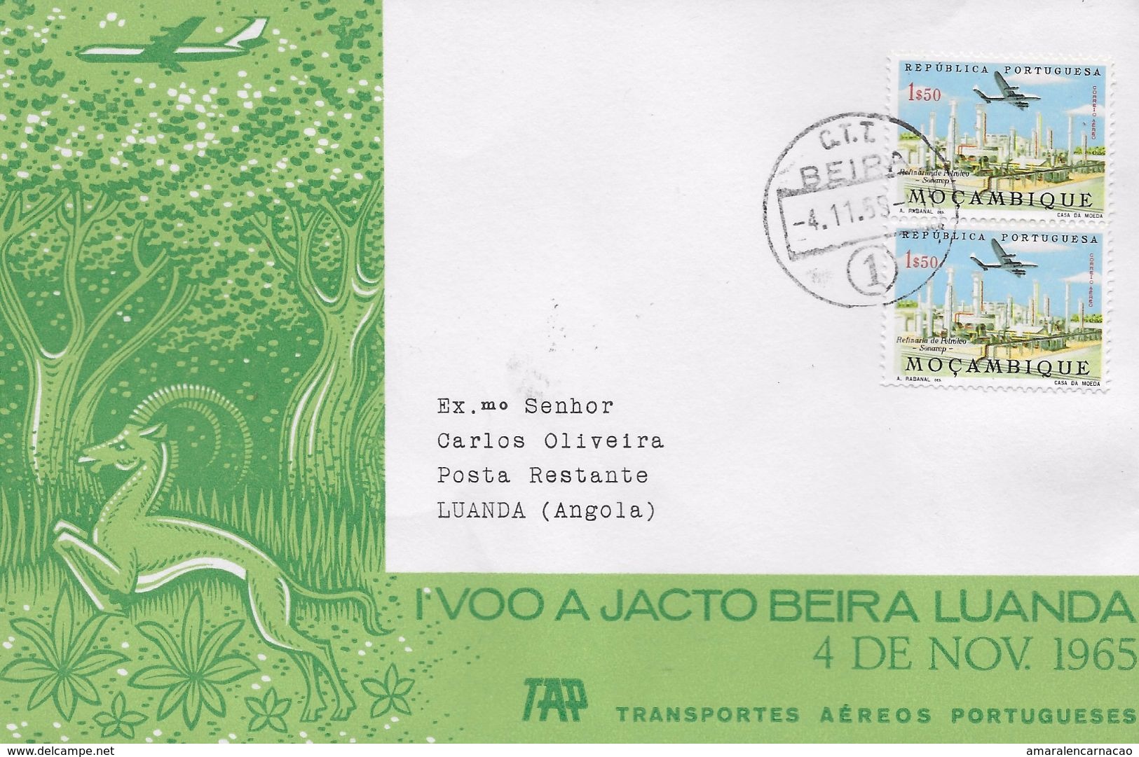 TIMBRES - STAMPS - LETTRE - MARCOPHILIE - PORTUGAL (MOZAMBIQUE)- 1er. VOL JET - BEIRA / LUANDA - 04-11-1965 - Lettres & Documents