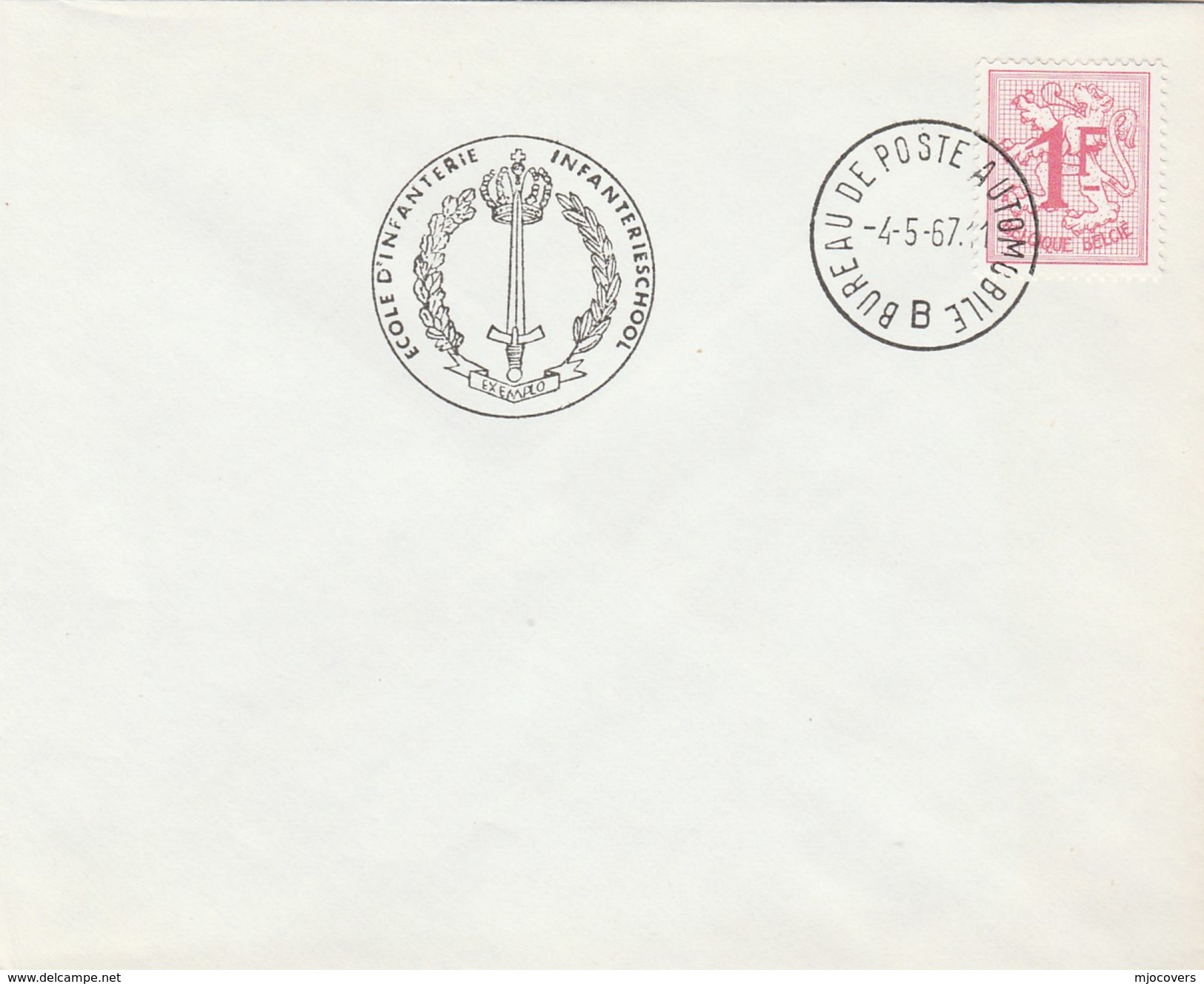 1967 BELGIUM COVER EVENT Pmk INFANTRY SCHOOL AUTOMOBILE POST Military Forces Stamps - Covers & Documents