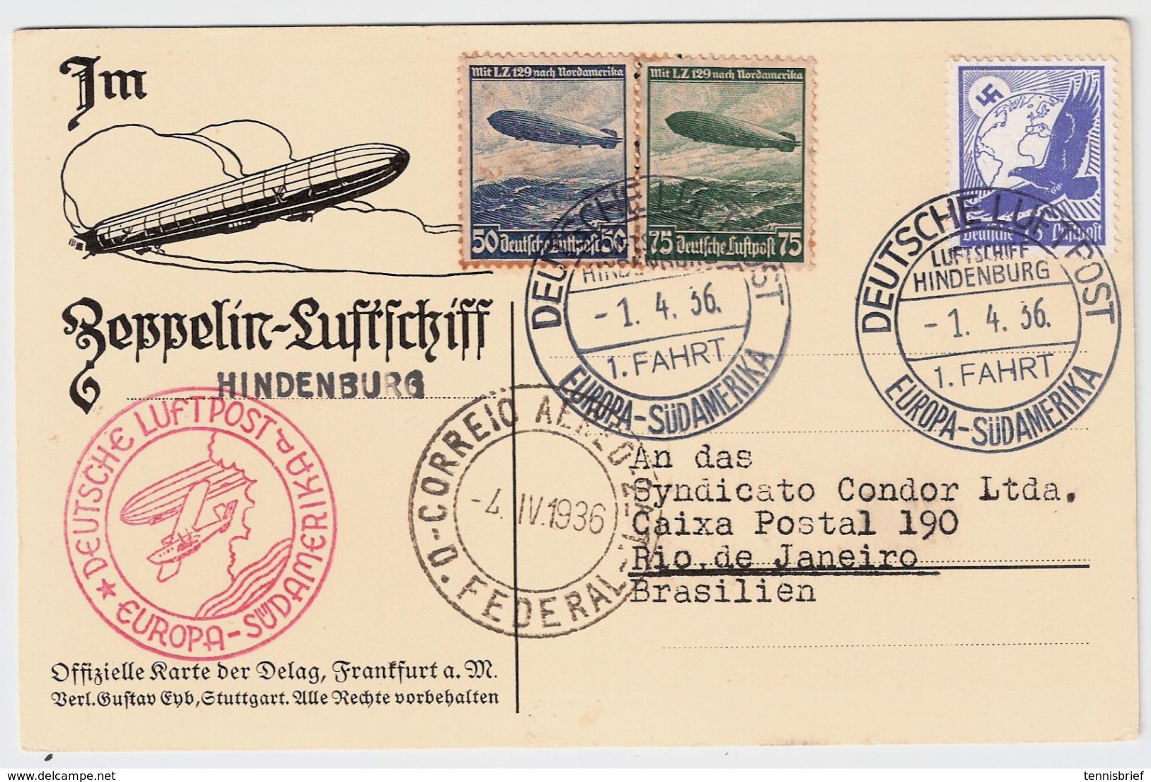 1936, (Zeppelin) Hindenburg , #8754 - Briefe U. Dokumente