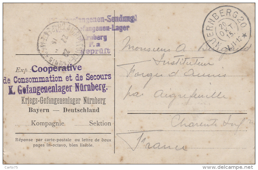 Militaria - Prisonniers - Coopérative Consommation Secours Nürnberg - Postmarked Nuernberg 20  1915 Aigrefeuille Aunis - Weltkrieg 1914-18