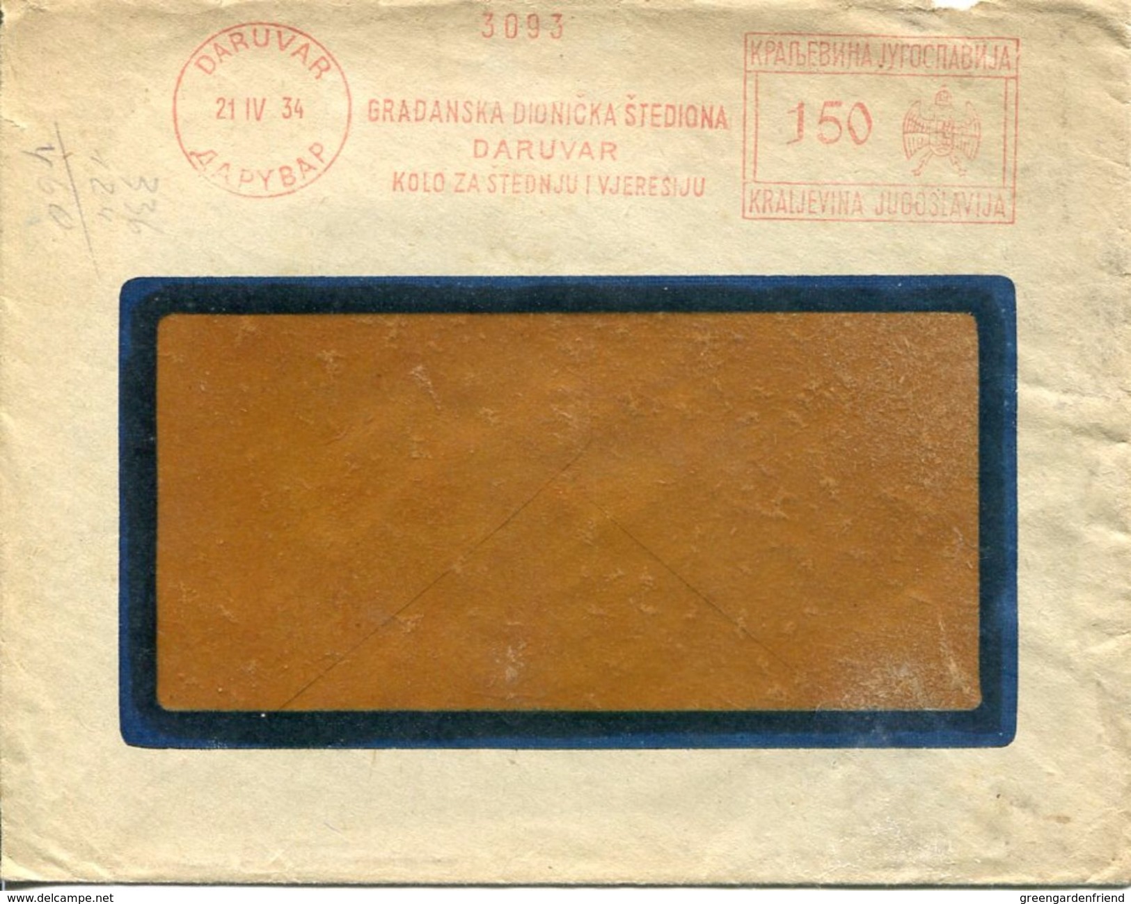 26055 Jugoslavia, Red Meter/freistempel/ema/ 1934 Daruvar Gradanska Dionicka Stediona, Circuled Cover - Covers & Documents
