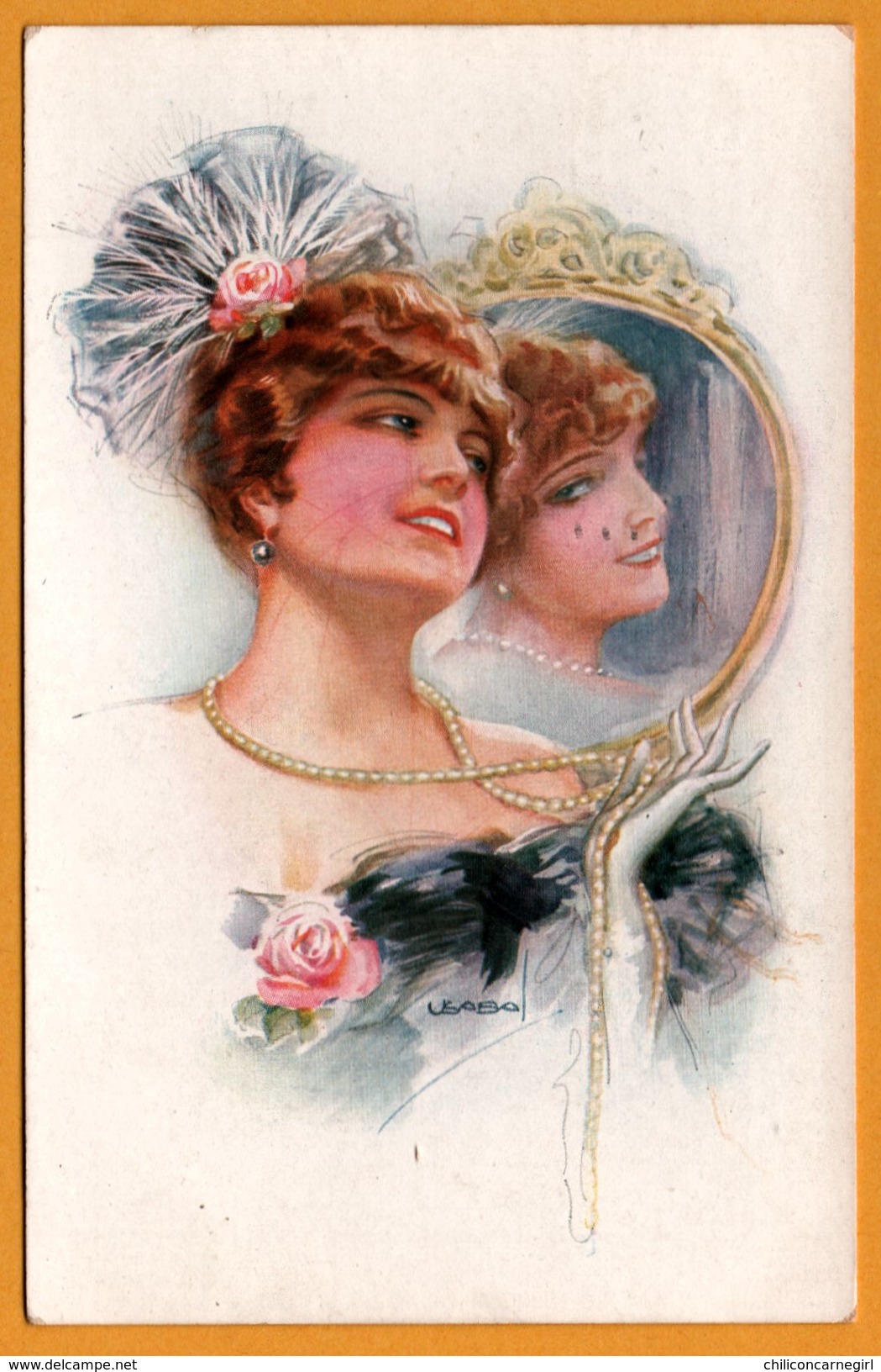 Illustration USABAL - Femme - Chapeau - Miroir - Bijoux - ERKAL N° 304/4 - 1918 - Usabal