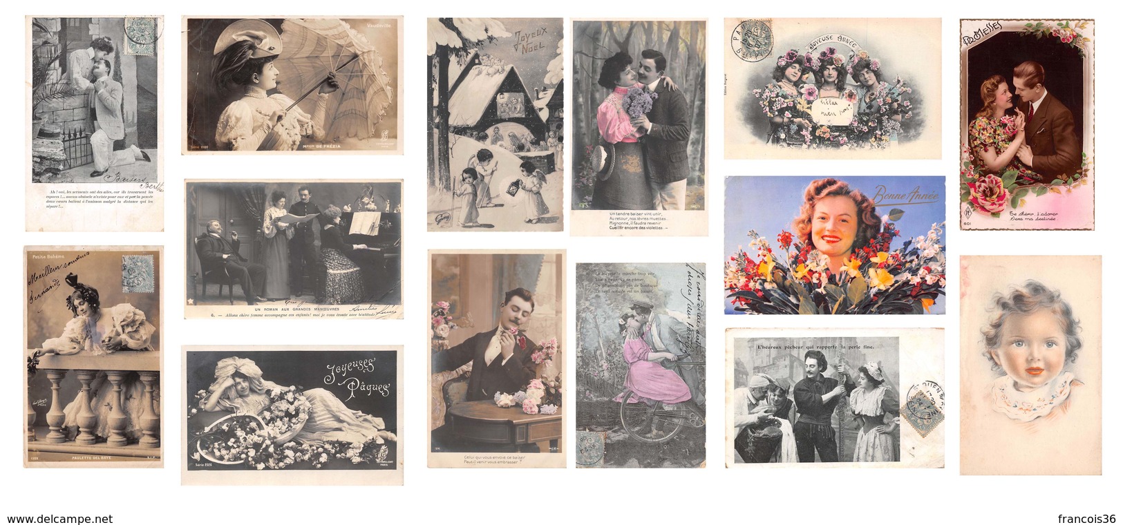 Lot De 90 CPA Fantaisies 1900s 1950s : Femmes Enfants Couples Illustrations Fleurs Etc - Autres & Non Classés