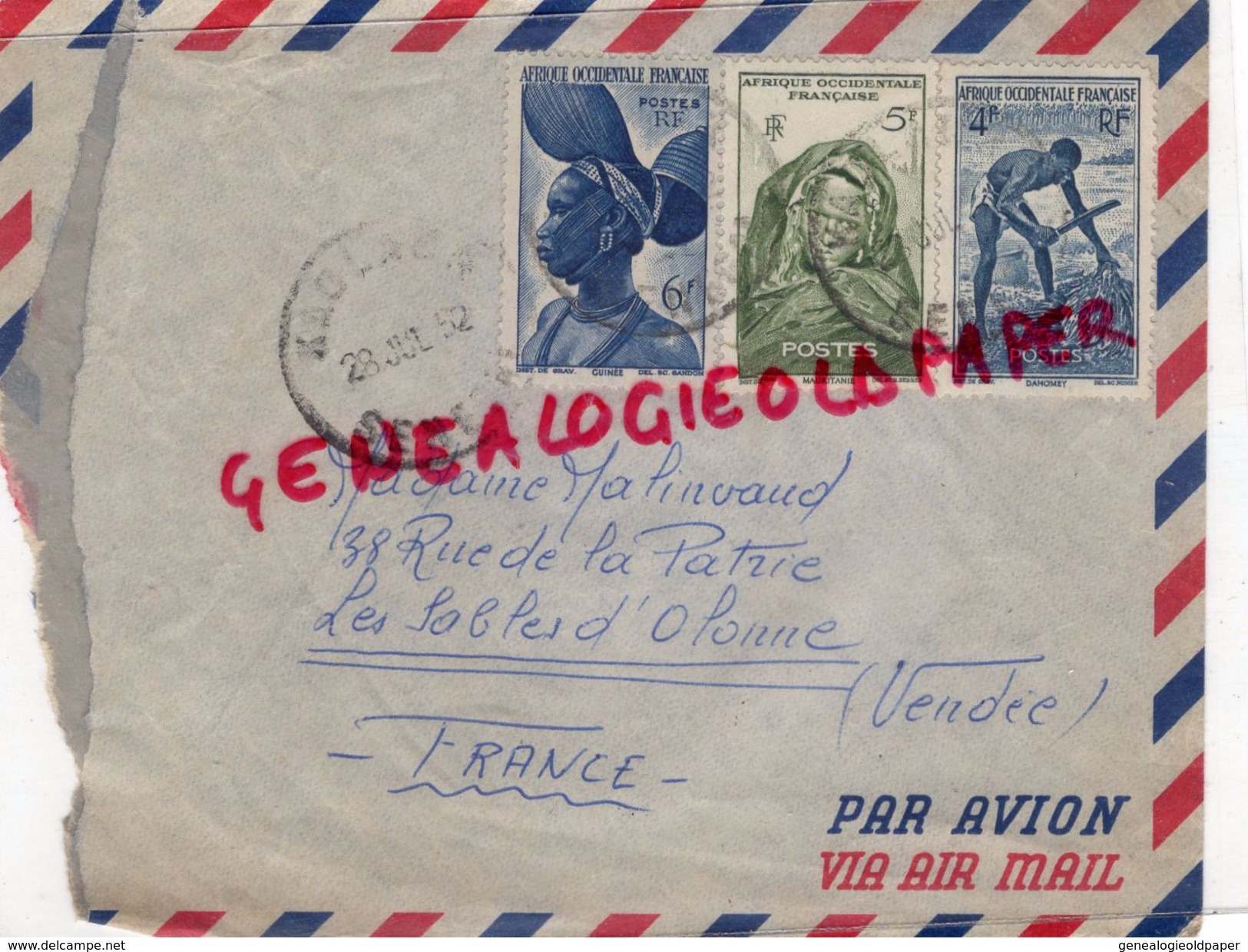 AFRIQUE - SENEGAL -TIMBRES SUR ENVELOPPE 5F- 4F- 6F - KAOLACK SEPT. 1952- A MME MALINVAUD 38 RUE PATRIE SABLES D' OLONNE - Sénégal (1960-...)