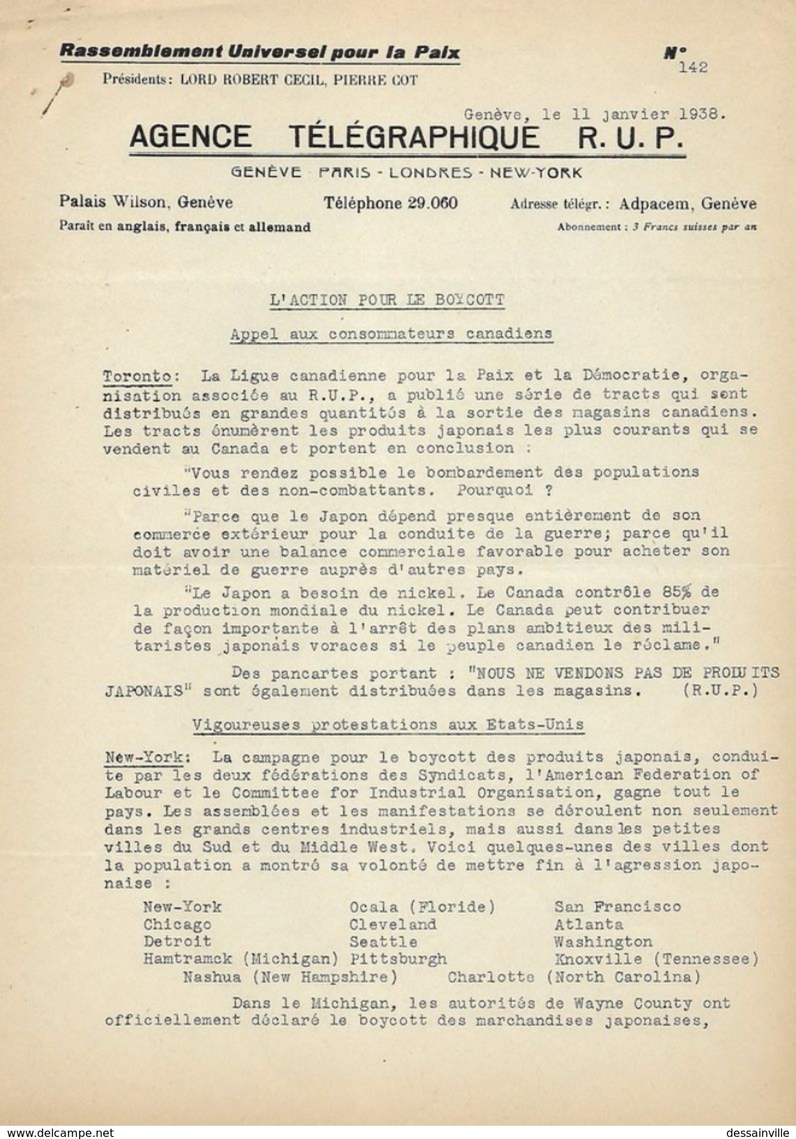 Dépêche Télégraphique Agence R.U.P. 1938 - Boycott Des Produits Japonais - Rassemblement Pacifiste Des Arts - Documents Historiques