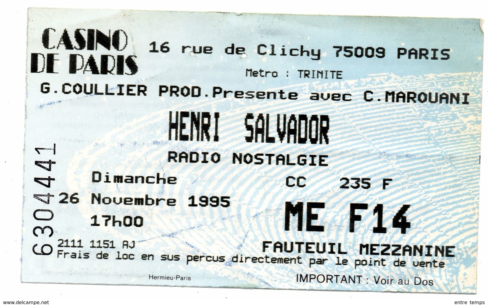 Billet Concert Henri Salvador Casino De Paris 1995 - Eintrittskarten