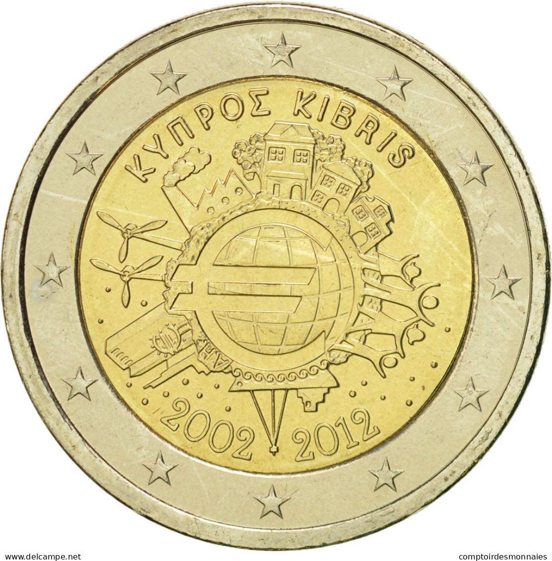 Chypre, 2 Euro, 10 Ans De L'Euro, 2012, SUP+, Bi-Metallic - Cyprus