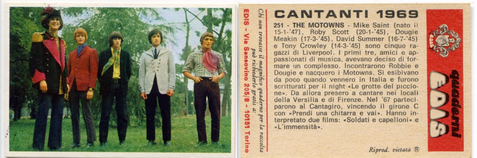 083> THE MOTOWNS Figurina < CANTANTI EDIS 1969 > - Altri & Non Classificati