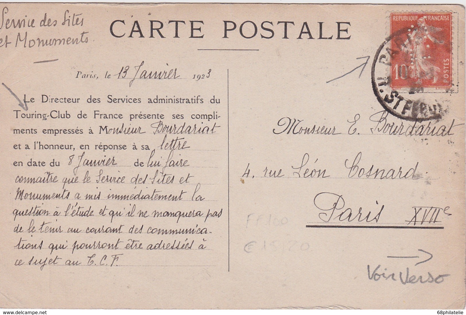 FRANCE 1923 CARTE POSTALE DE PARIS TOURING CLUB DE FRANCE AVEC TIMBRE PERFORE - Autres & Non Classés