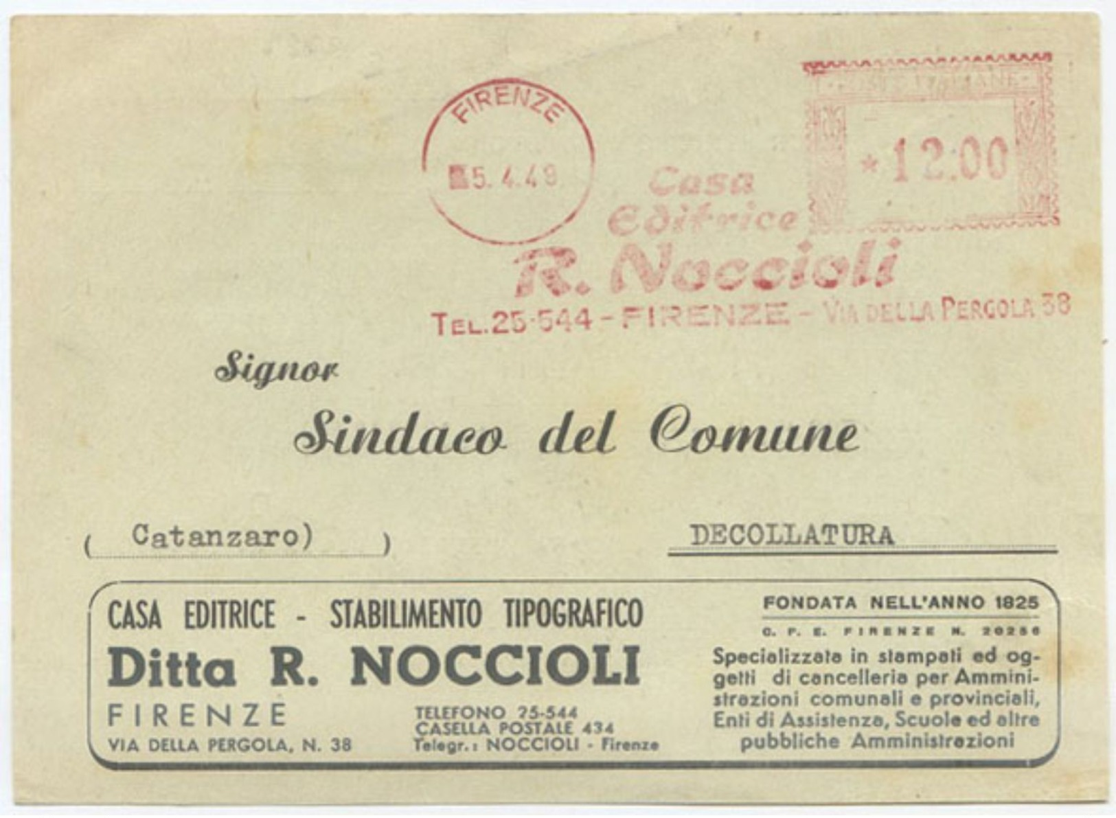 CARTOLINA PUBBLICITÀ FIRENZE EDIZIONI NOCCIOLI AFFRANCATURA MECCANICA ROSSA L. 12 OTTIMA QUALITÀ (A969) - 1946-60: Storia Postale