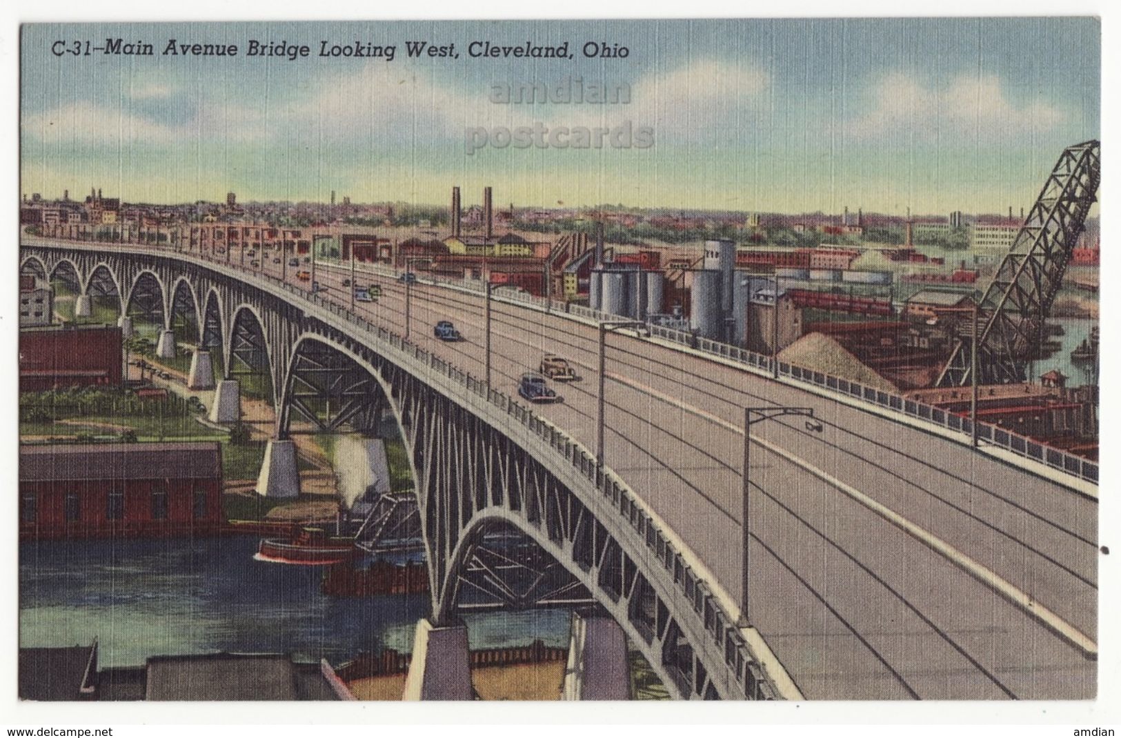 USA, Cleveland Ohio OH, Main Avenue Bridge Looking West, 1940s Unused Vintage Postcard M8538 - Cleveland