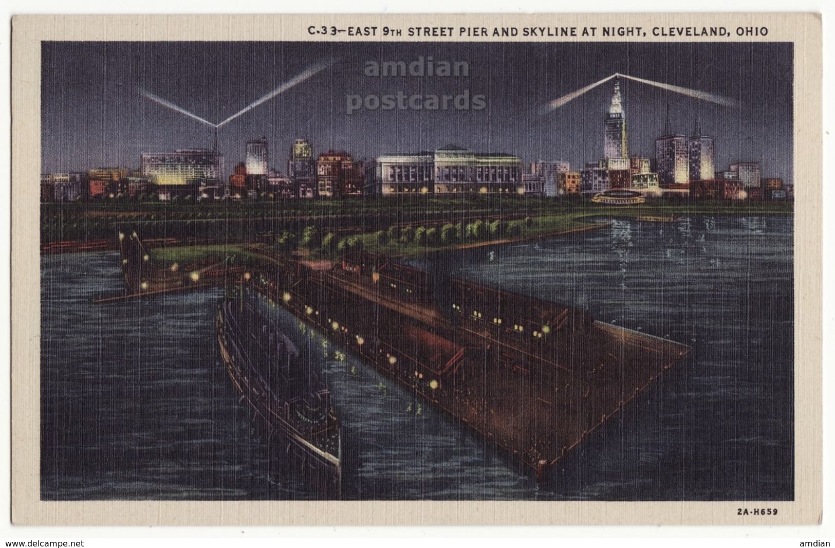 Cleveland Ohio OH, East 9th Street Pier And Skyline Night View 1930s Vintage Postcard M8540 - Cleveland