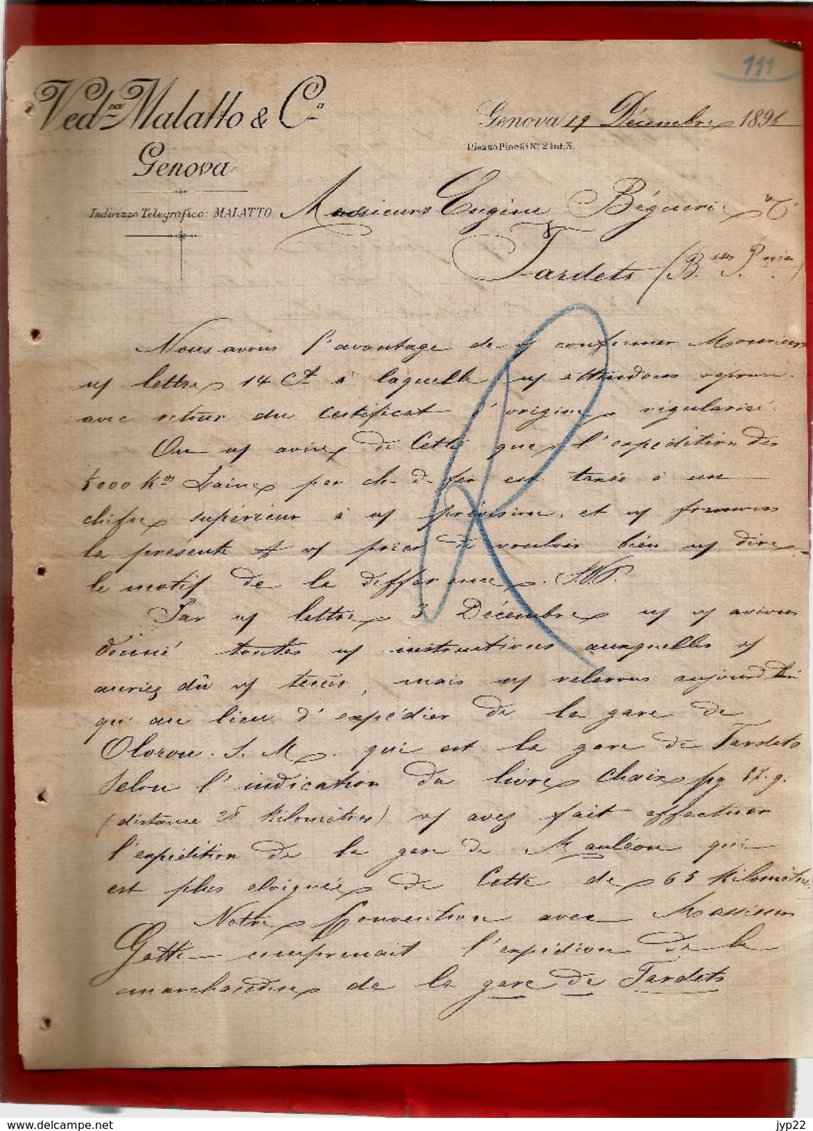 Courrier Malatto & Cie Italie Piazza Pinelli Genova Gènes 19-12-1896 - écrit En Français - Italie