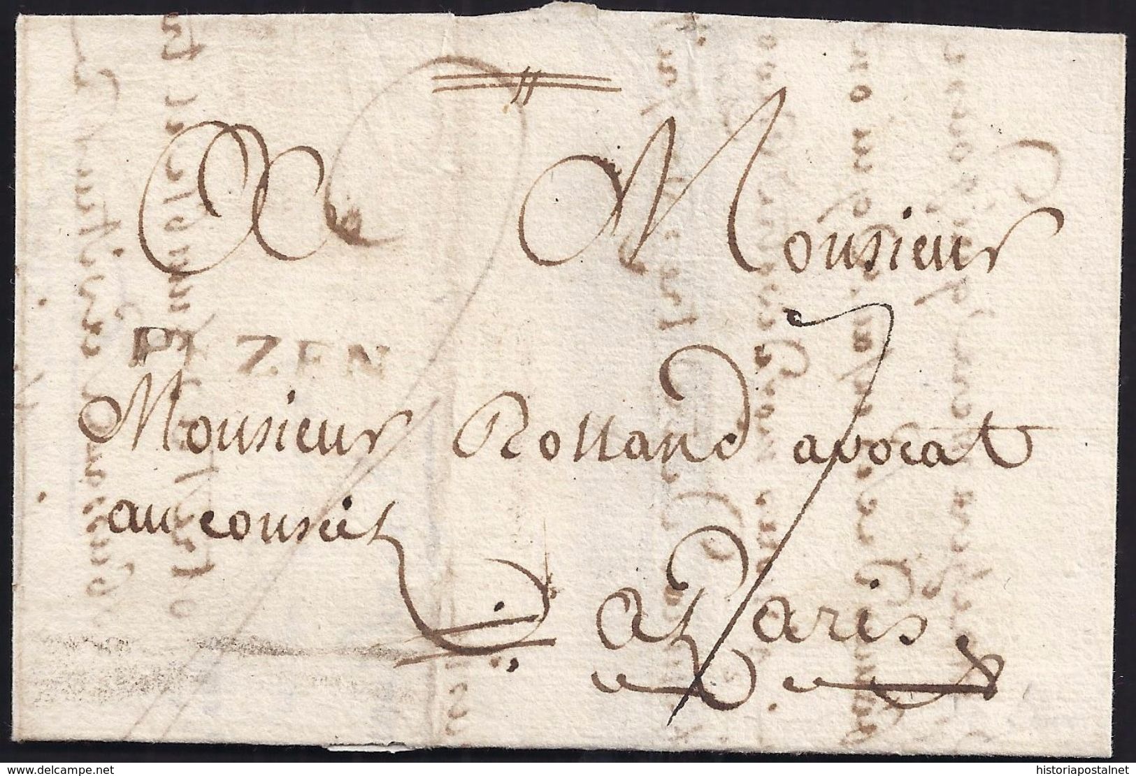 1756. CASTEMONCE TO PARIS. MARCA "PEZENAS". PORTEO "7" DÉCIMAS. RARA EN TINTA DE ESCRIBIR. - Other & Unclassified