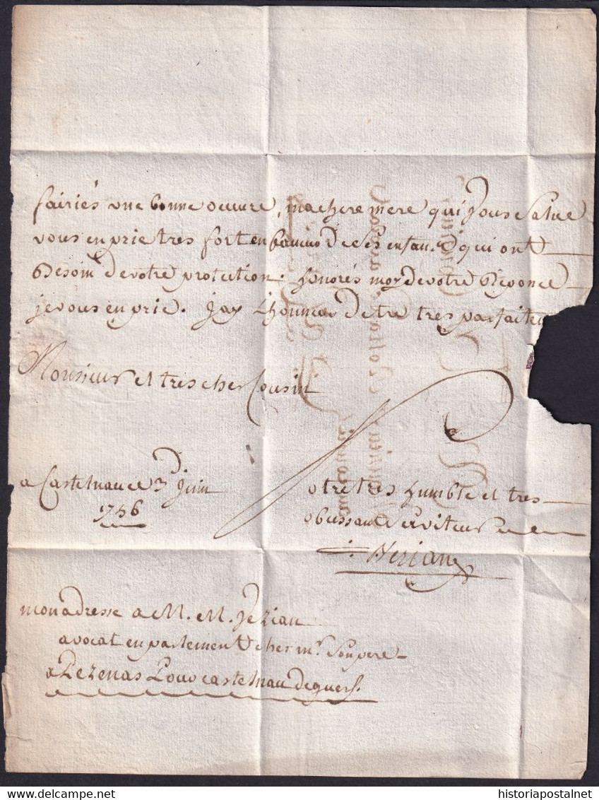 1756. CASTEMONCE TO PARIS. MARCA "PEZENAS". PORTEO "7" DÉCIMAS. RARA EN TINTA DE ESCRIBIR. - Andere & Zonder Classificatie