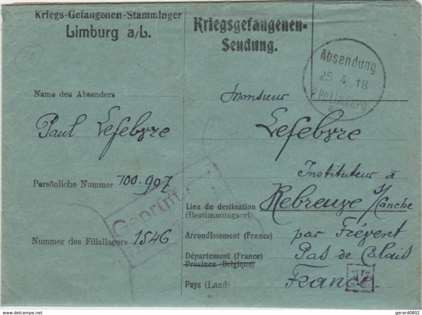 WW1 - Lettre D Un Prisonnier De Guerre Du Camp De LIMBURG -  L  2198 - Guerre De 1914-18