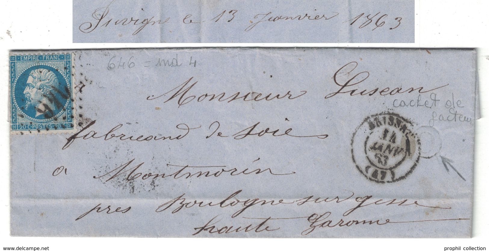 1863 - CACHET De BOITE RURALE LOCALISÉE (JUVIGNÉ?) LETTRE LAC CAD BRISSAC (MAINE Et LOIRE) Pr BOULOGNE SUR GESSE GC 646 - 1849-1876: Periodo Clásico